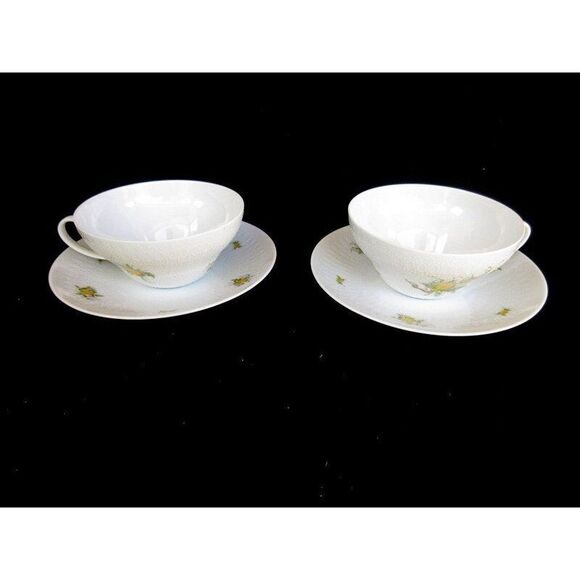 Rosenthal Harmony Romance Set of 2 Cups/Saucers White Yellow Roses Embossed Oval - Picture 1 of 8